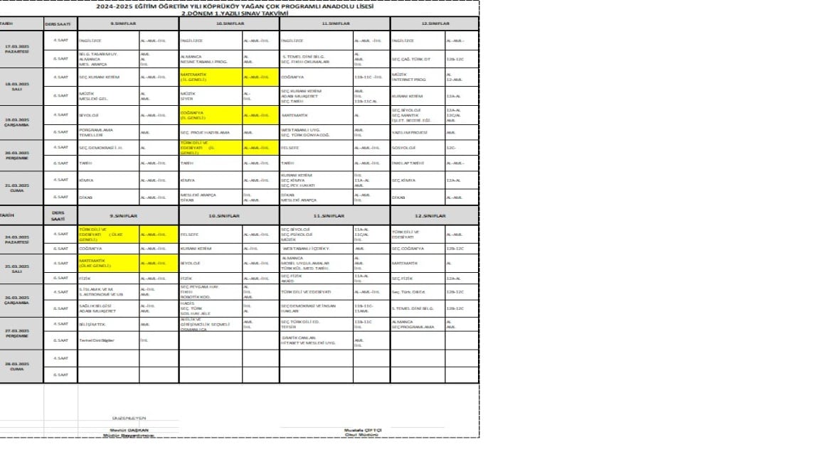 2024-2025 EĞİTİM ÖĞRETİM DÖNEMİ 2. DÖNEM 1. SINAV TAKVİMİ 